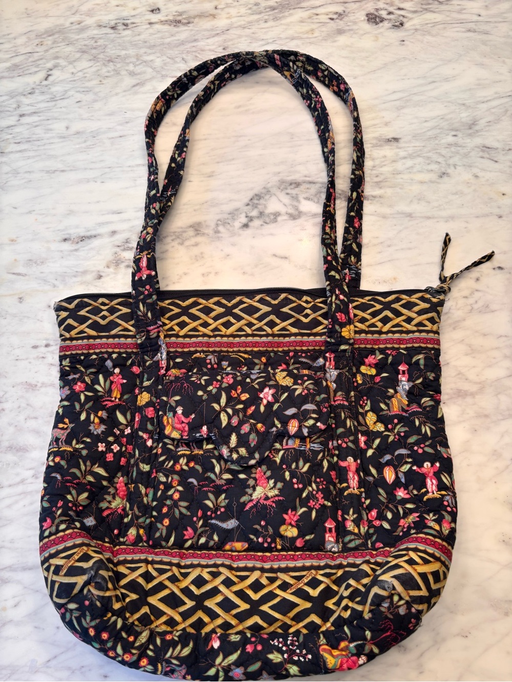 Vera Bradley Ming Asian vintage tote shoulder bag black gold floral bamboo